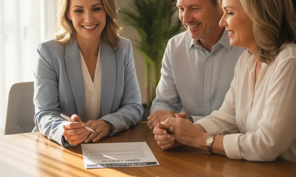 Florida agent discussing an equity review with clients.