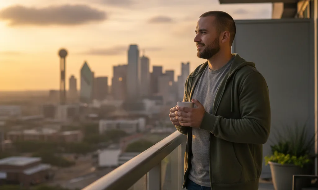 Reservist on Dallas balcony viewing sunrise.