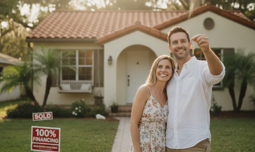 Couple joyfully holding a key to their new suburban Florida home.