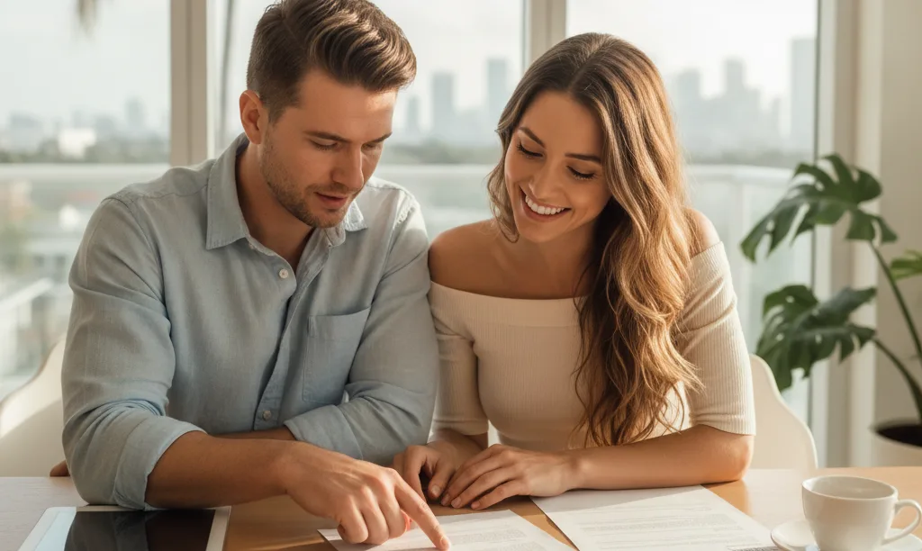 Couple confidently reviewing their iQRATE Mortgages DPA loan.