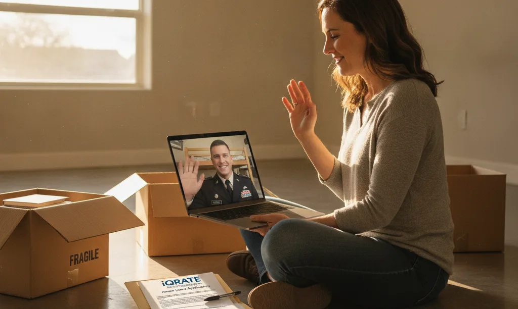 Spouse video calling military husband in new home.