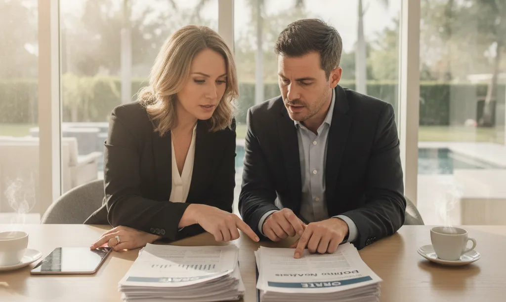 Investor couple comparing iQRATE Mortgages loan documents.