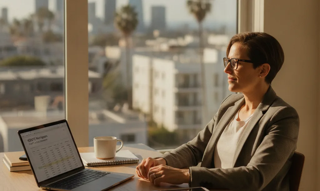 Self-employed person in LA home office reviewing finances.