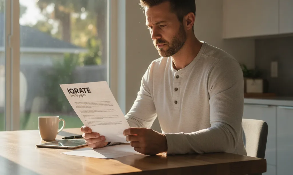 Veteran reviewing an iQRATE Mortgages document at home.