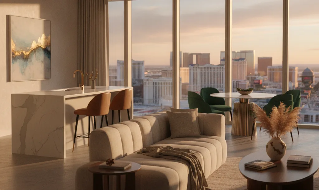 Luxurious Las Vegas condo-hotel with city views.