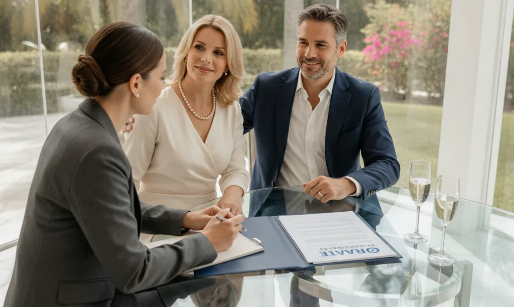 Couple discussing a Florida jumbo loan with advisor.