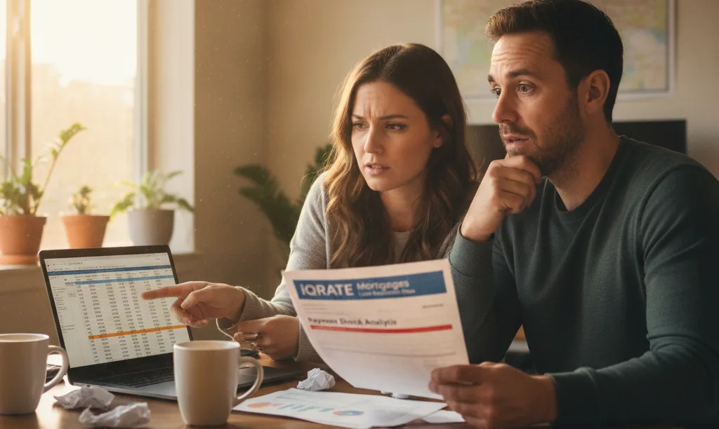 Couple reviewing mortgage documents in a California apartment.