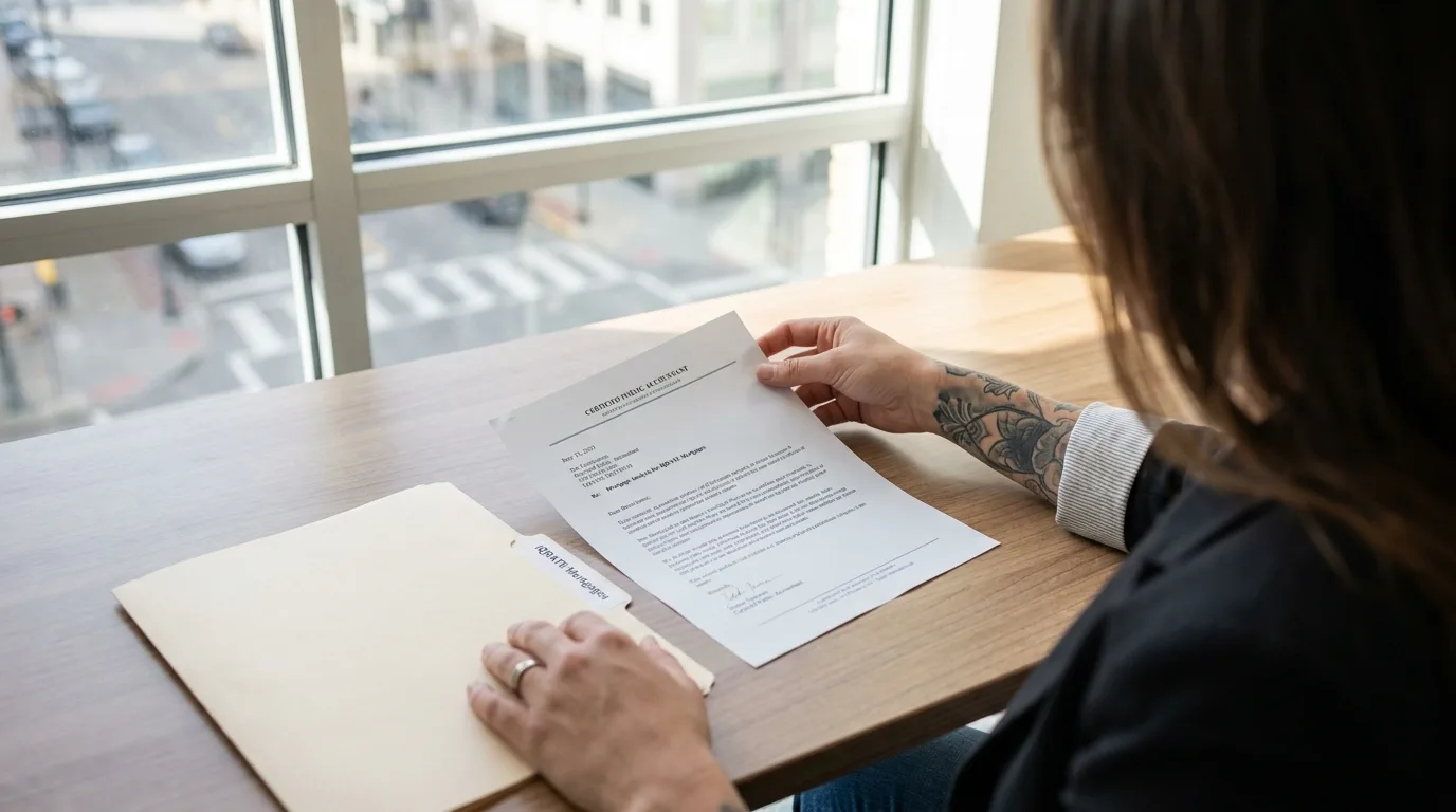 A person organizing financial documents for a mortgage application.