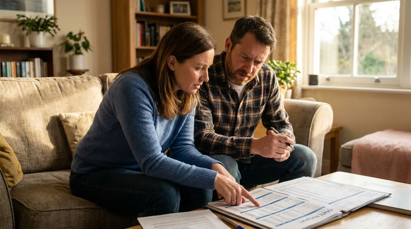 Couple reviewing their mortgage refinance documents carefully.