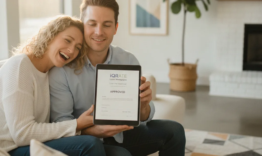Couple smiling at mortgage approval from iQRATE Mortgages.