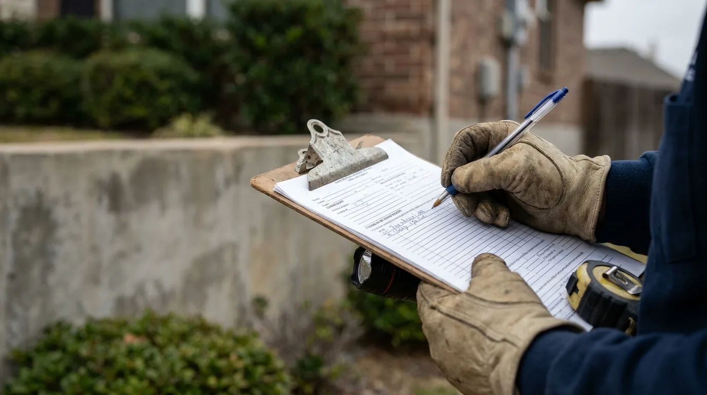 An appraiser inspecting the exterior of a home in Dallas.