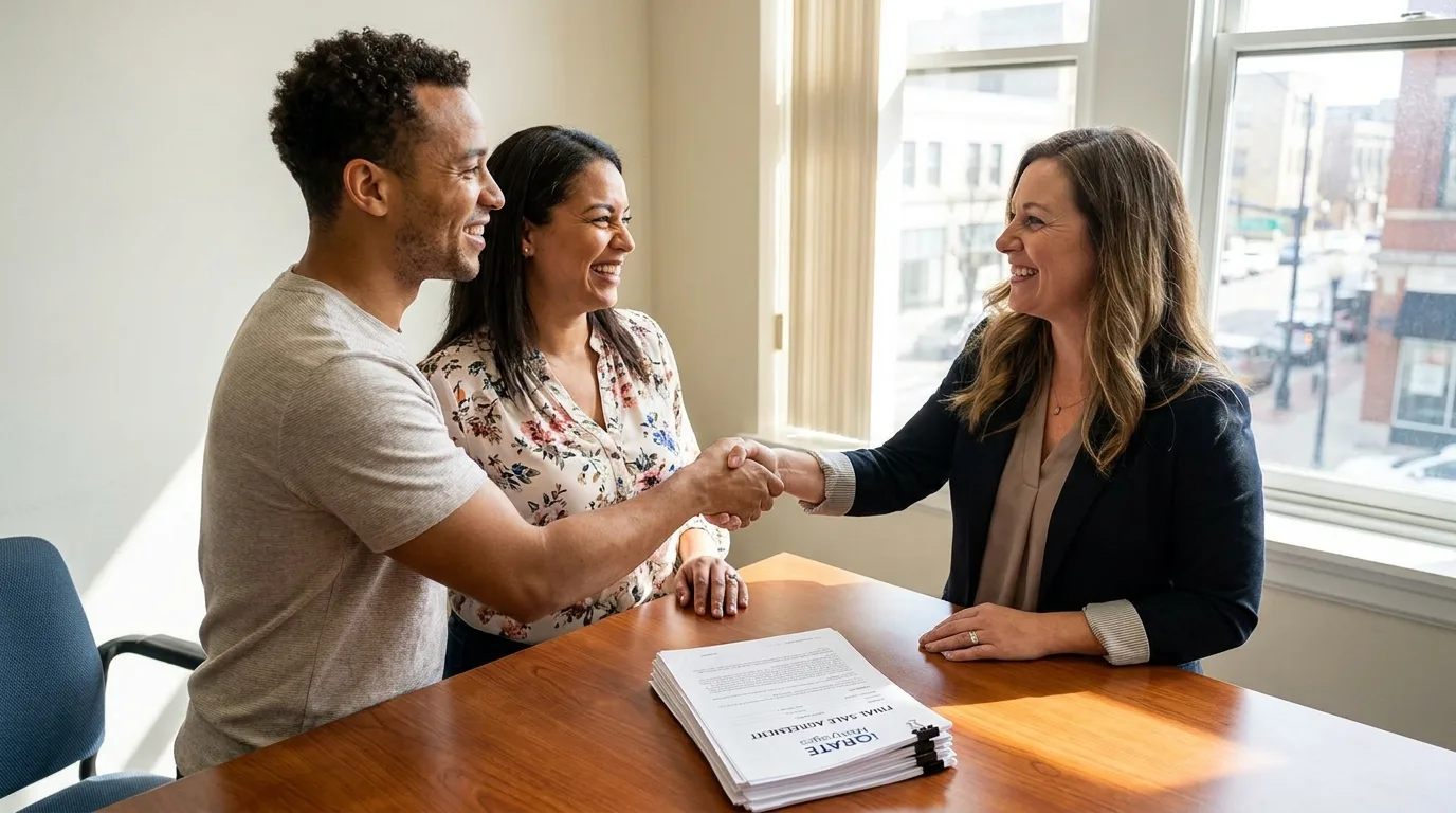 A couple reviewing mortgage documents for their future home.