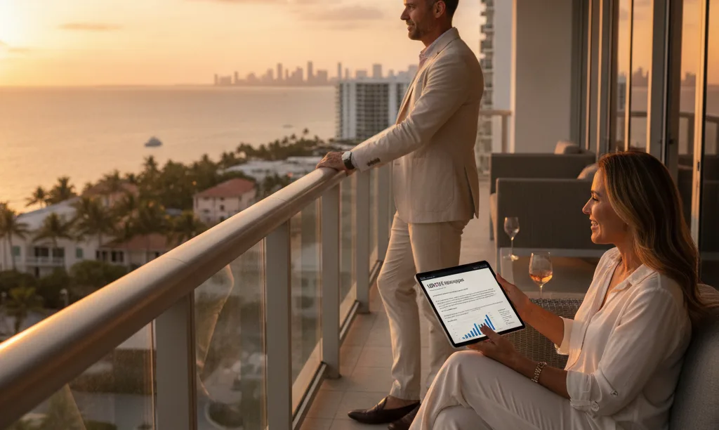 Couple on a luxury Miami condo balcony.