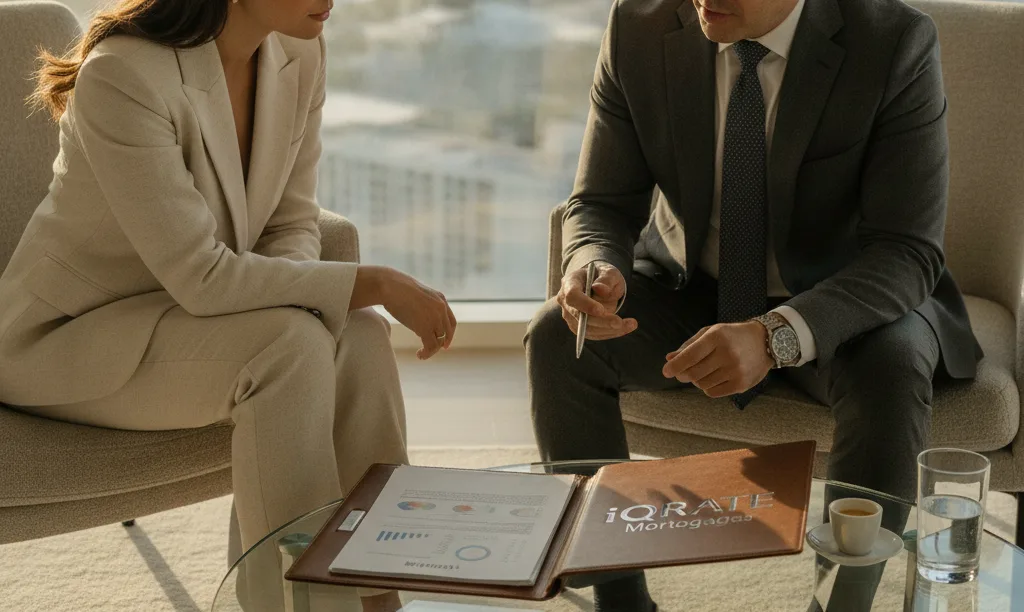 Professionals discussing mortgage documents in luxury Miami penthouse.