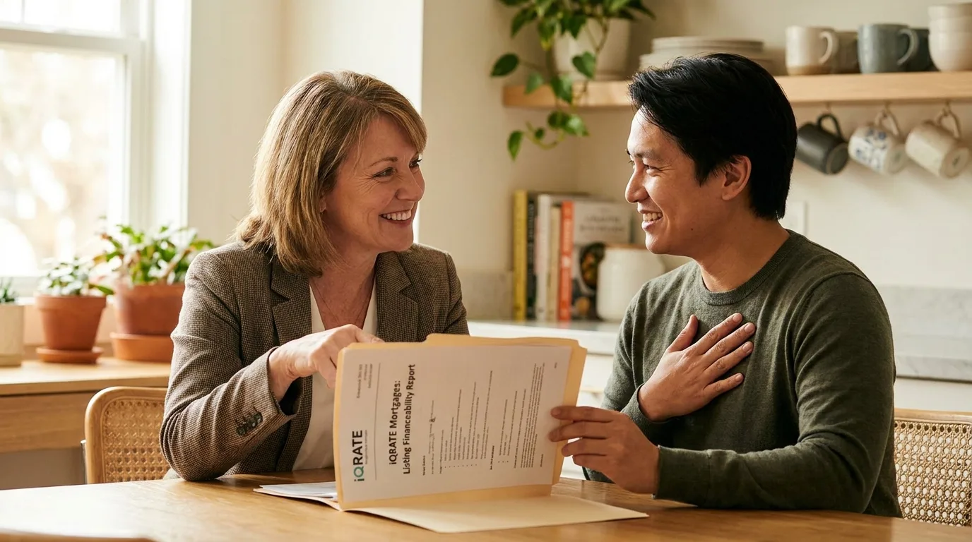 A real estate agent and client reviewing documents for a listing financeability audit.
