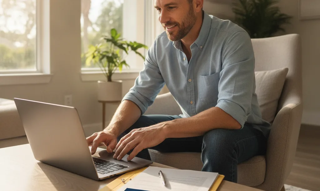 Florida veteran confidently researches VA IRRRL mortgage options.