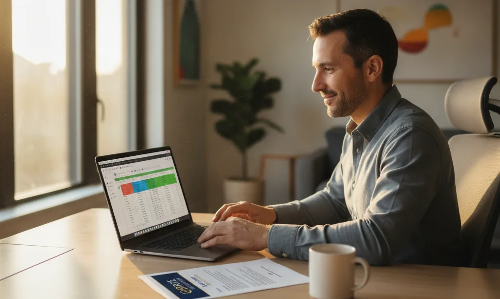 Self-employed person in Houston office reviews finances.