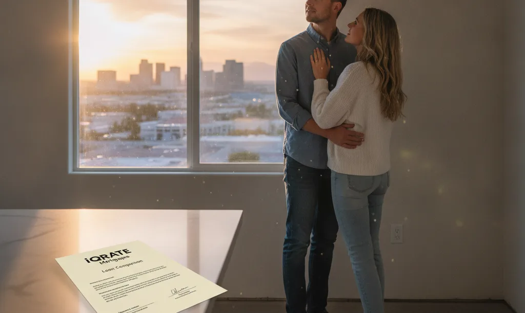 Couple in Henderson home contemplating mortgage options.