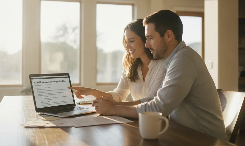 Couple planning their mortgage at a kitchen table.