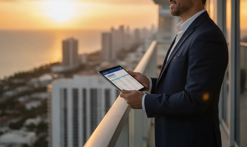Investor on Miami condo balcony reviewing iQRATE Mortgages.