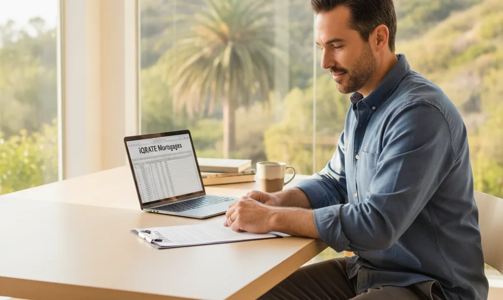 California entrepreneur reviewing iQRATE Mortgages documents successfully.
