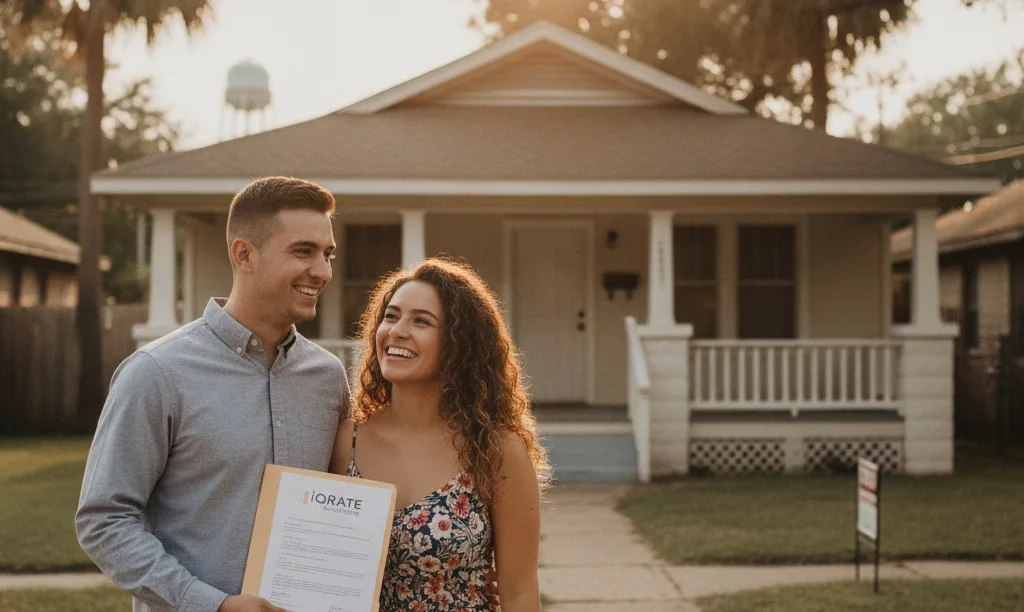 Veteran couple proudly admiring their new Texas home.