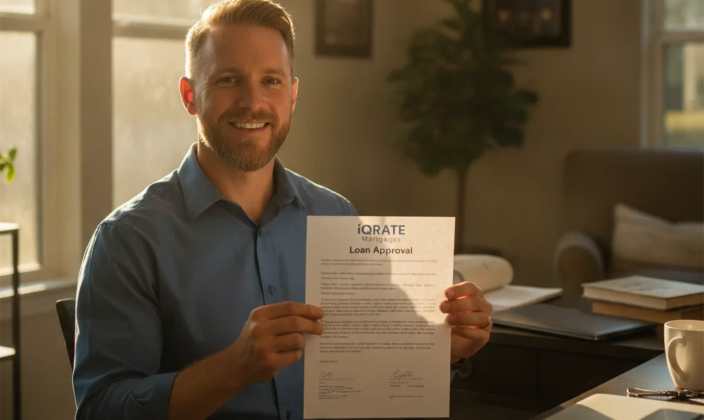 Veteran business owner smiles reviewing iQRATE Mortgages document.