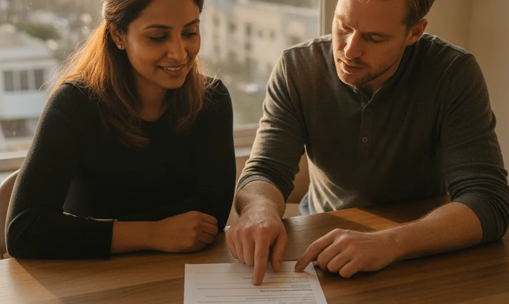 Couple in San Diego reviewing iQRATE Mortgages document.