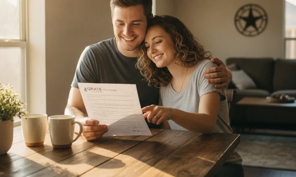 Couple reviewing iQRATE Mortgages letter in kitchen.