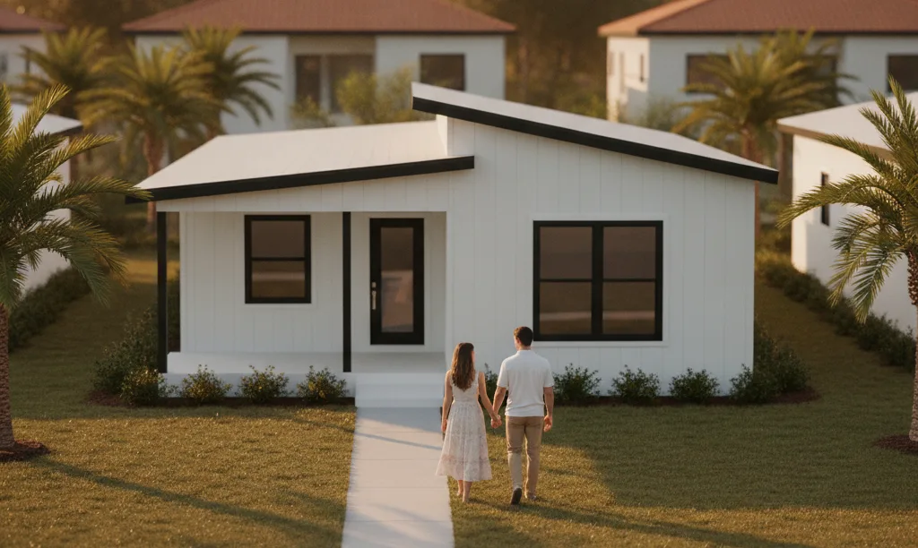 A couple walks towards their Florida manufactured home.