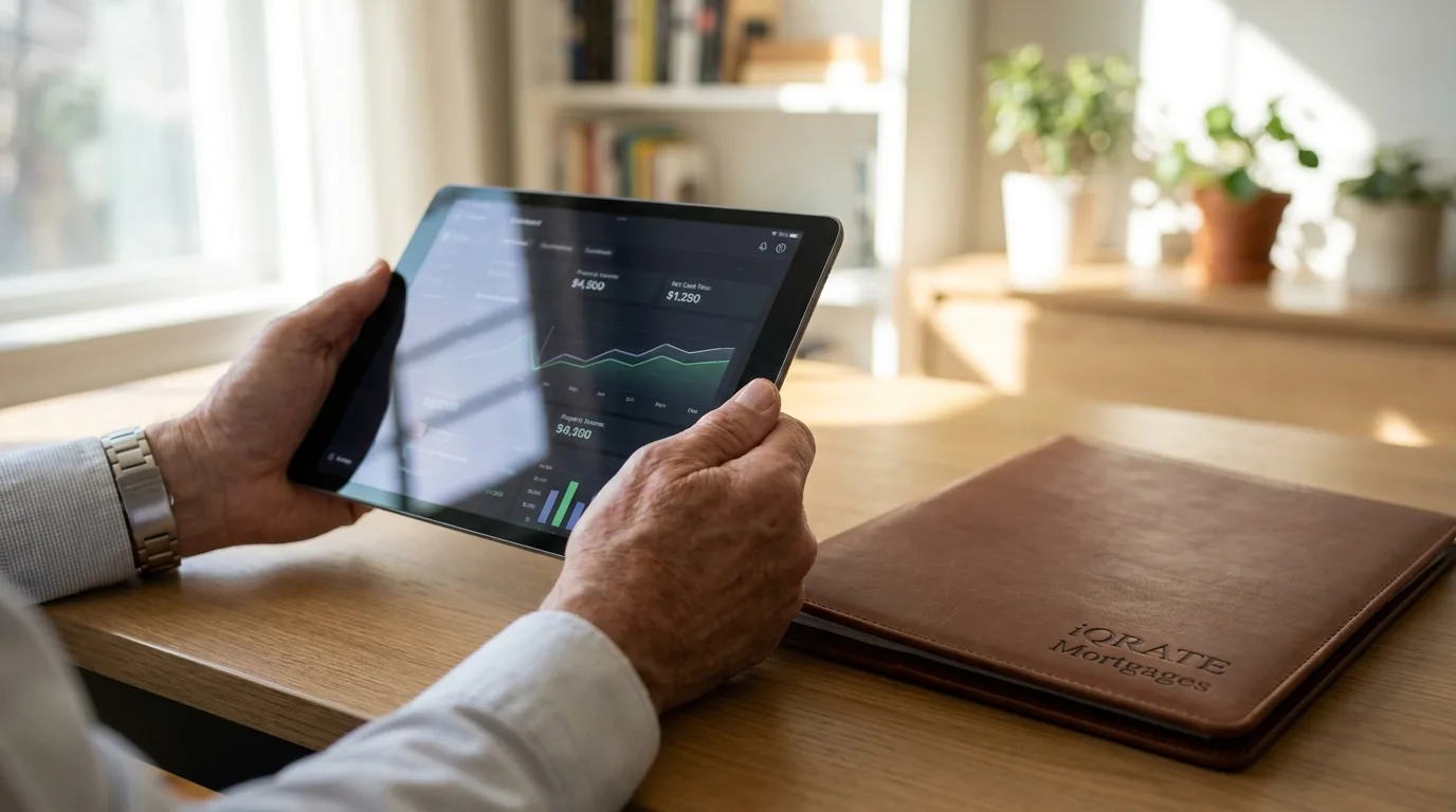Calculating a down payment for an investor loan with a calculator and paperwork.