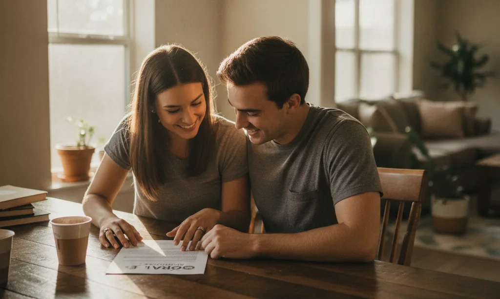 Couple hopefully reviewing iQRATE Mortgages document in kitchen.