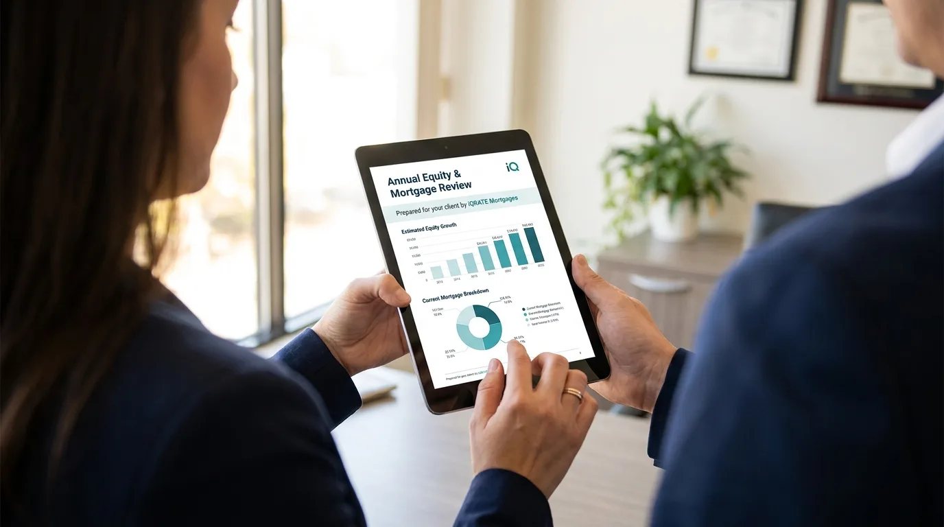 A happy family reviewing their home equity report on a tablet.