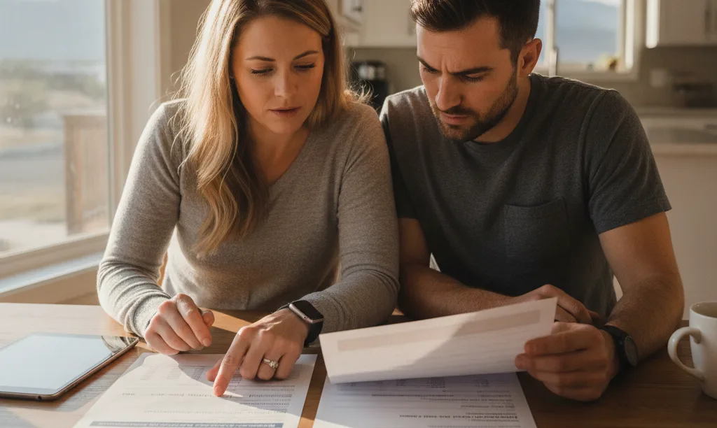 Couple comparing iQRATE Mortgages loan options thoughtfully.