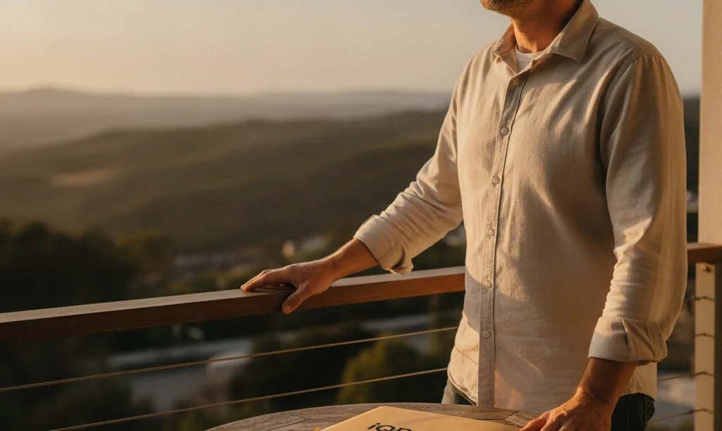 Veteran on San Diego home balcony at sunrise.