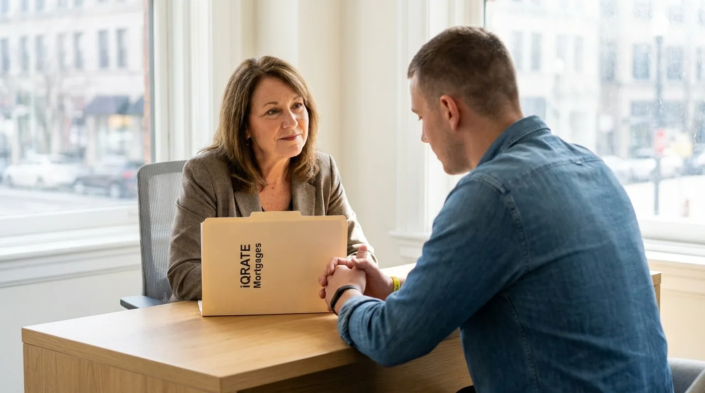 A family happily reviewing their financial documents at a kitchen table.