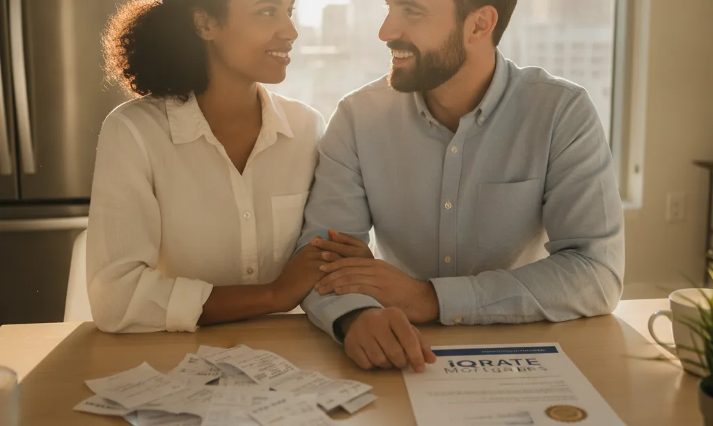 Couple reviewing mortgage documents from iQRATE Mortgages.