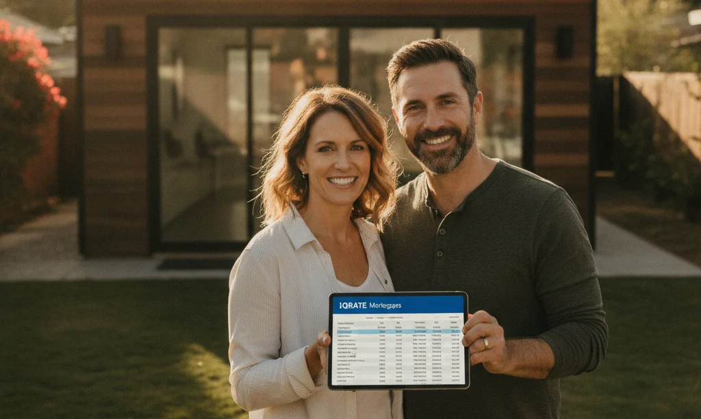 Couple reviewing iQRATE Mortgages document in backyard with ADU.
