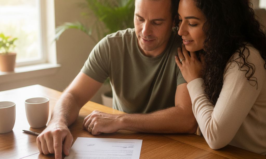 A couple reviewing VA loan documents from iQRATE Mortgages.