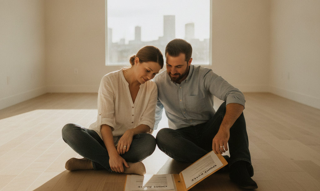 Couple reviewing iQRATE Mortgages documents in new home.