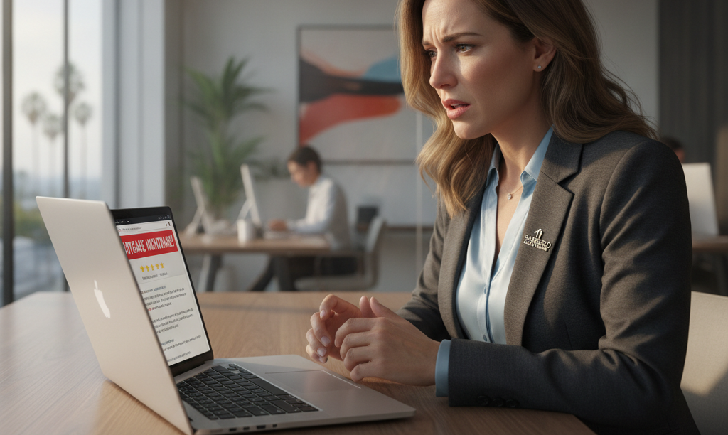 Stressed San Diego realtor sees bad client reviews.