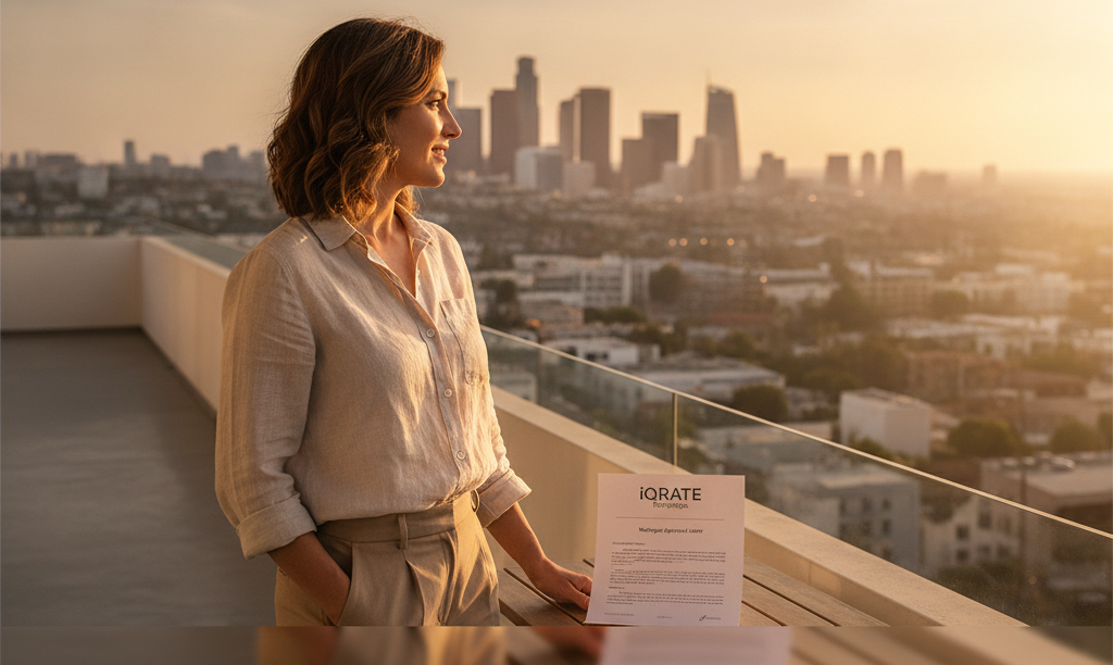 Creative professional on balcony overlooking Los Angeles.