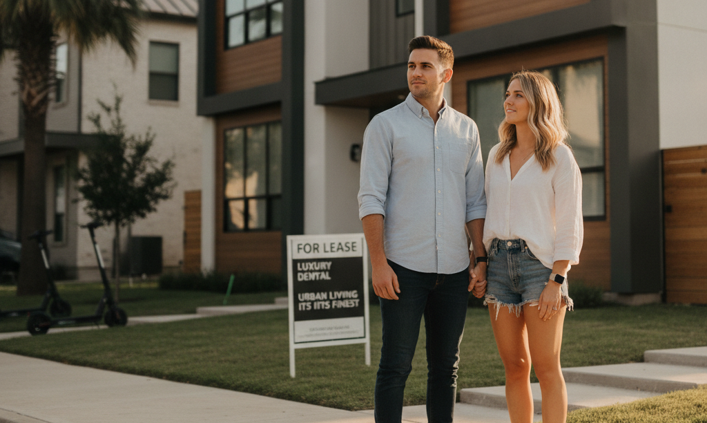 Military couple thoughtfully viewing a Texas rental property.