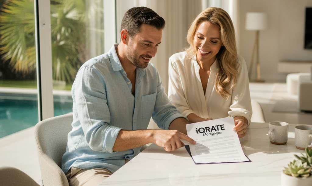 A confident couple reviews mortgage documents in Miami.