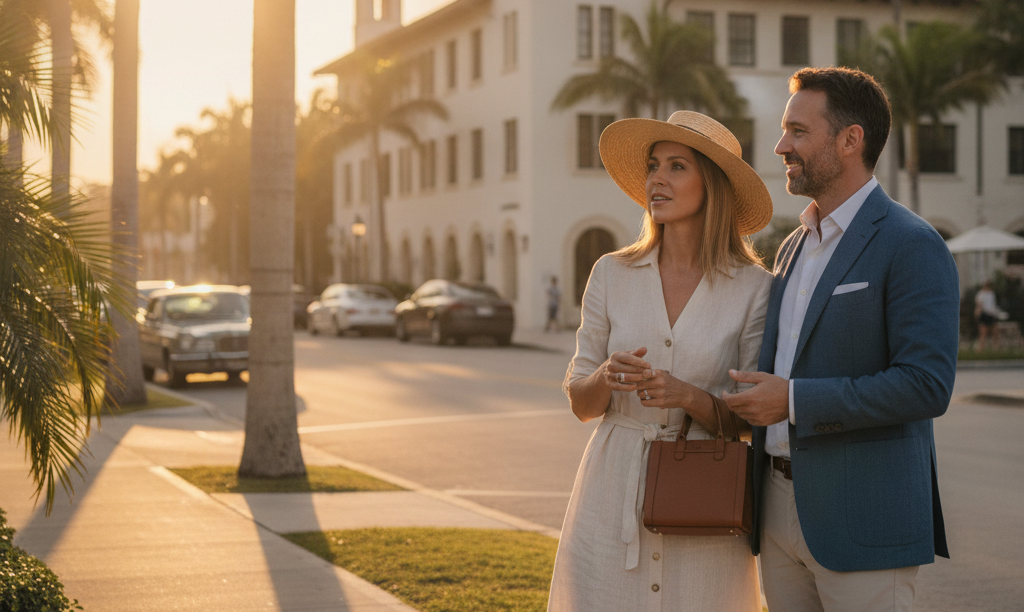 A hopeful couple discussing financing a co-op in Palm Beach.