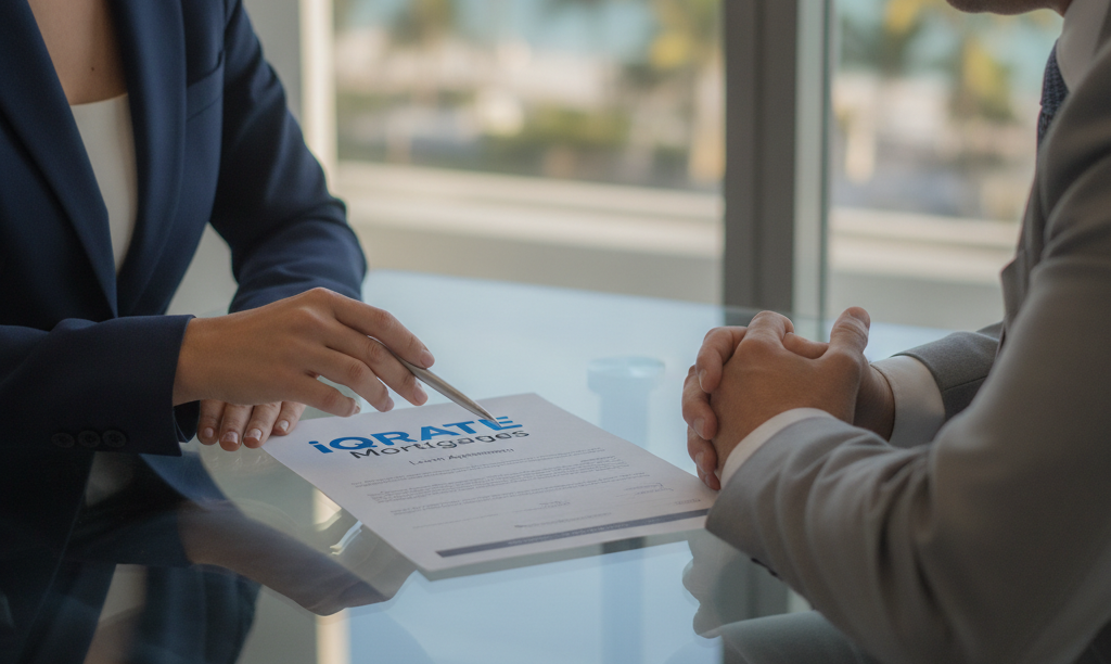 Loan officer reviewing iQRATE Mortgages documents with client.
