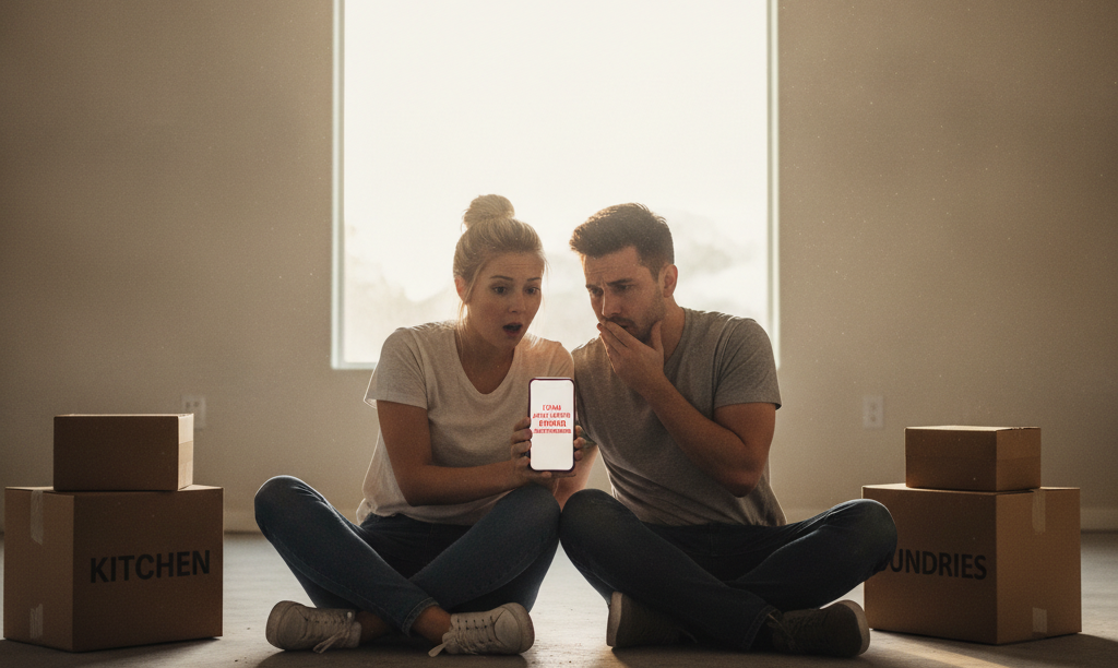 Shocked couple reads bad news on phone.