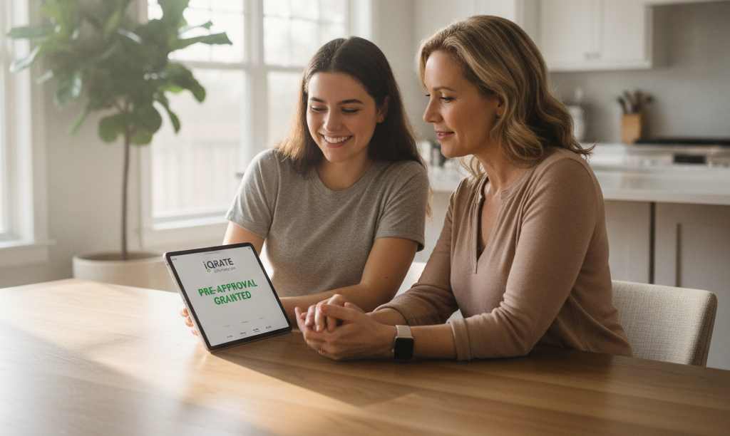 Co-borrower and homebuyer reviewing iQRATE Mortgages approval.