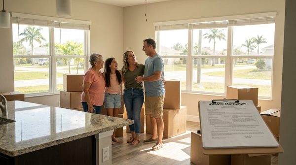 Family standing outside a home, representing disaster recovery