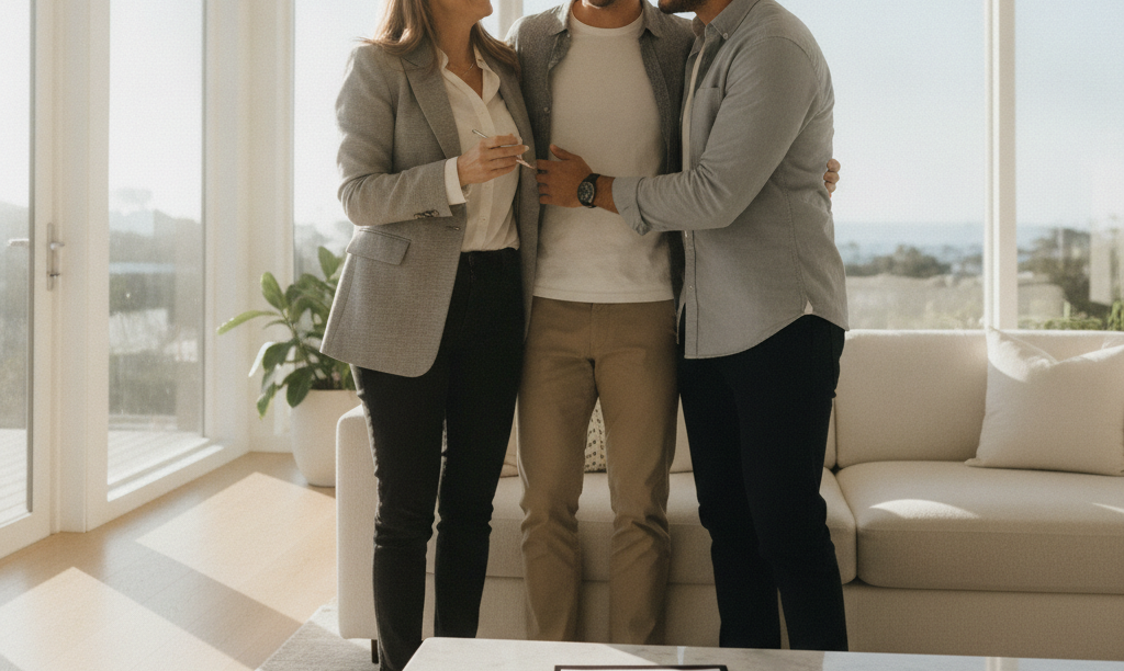 San Diego agent and clients celebrating successful closing.